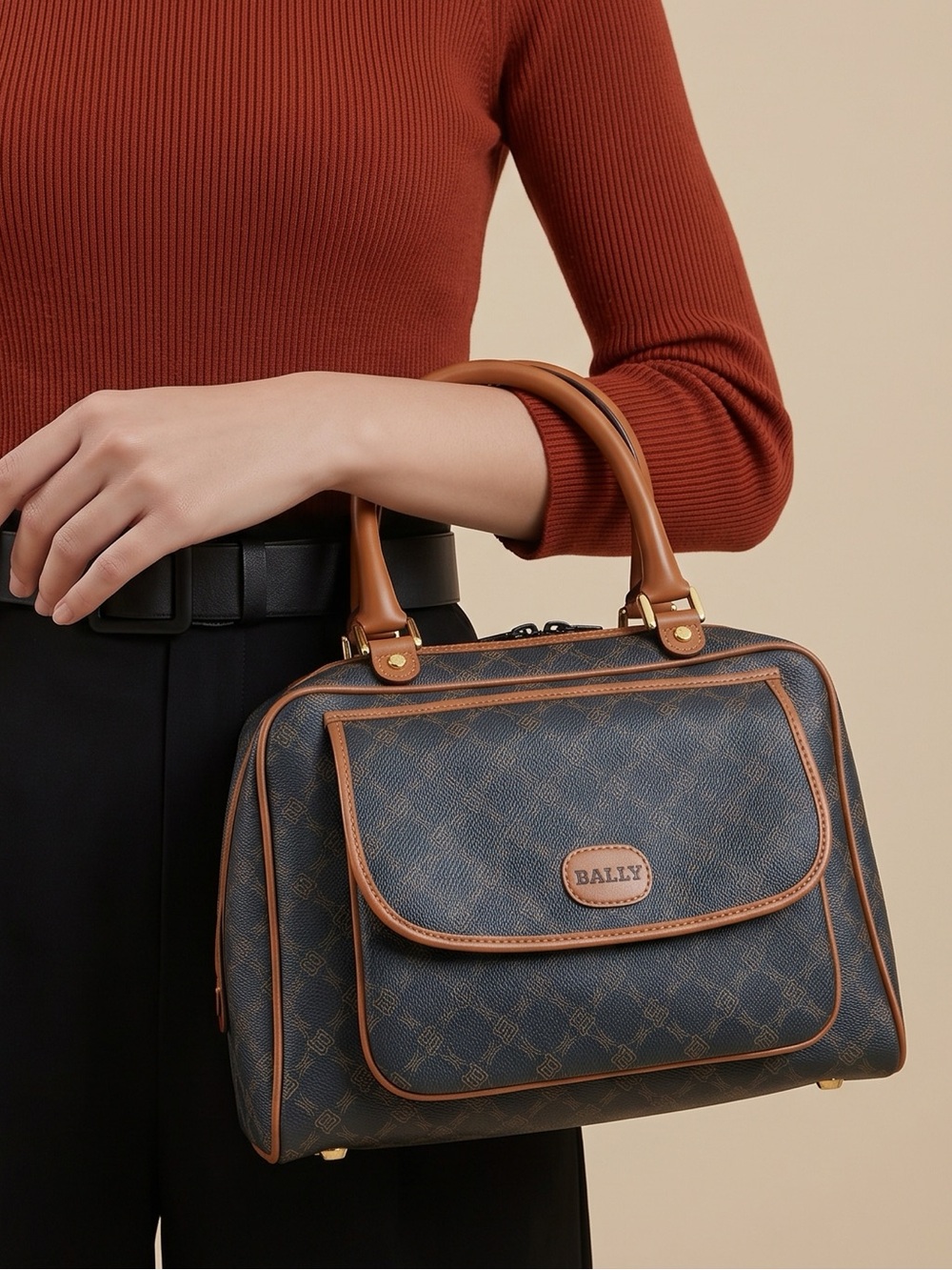 Vintage Bally Monogram Satchel Bag Brown Leather Trim